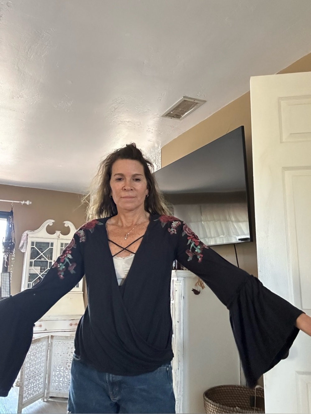 Black Floral Embroidered Bell Sleeve Wrap Top